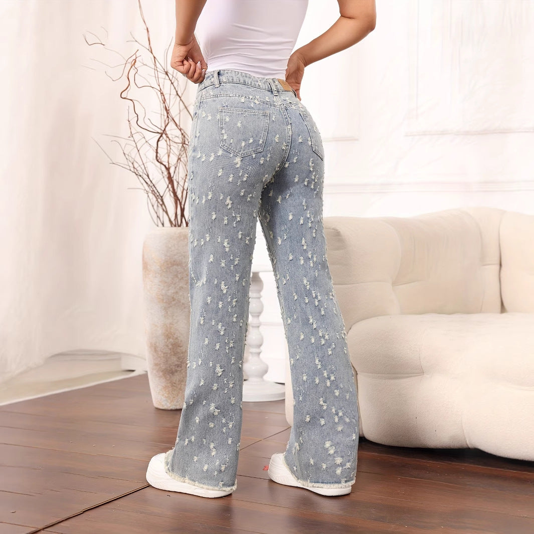 High Waist Elastic Waist Ripped Retro Baggy Straight Trousers