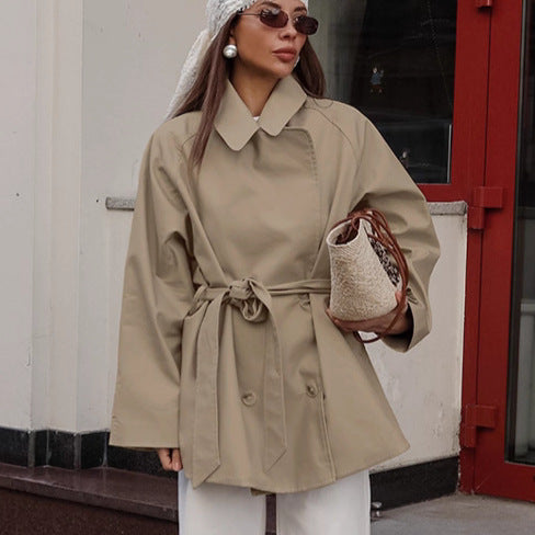 Mid Length Khaki Jacket Lace up Autumn Long Sleeve Coat