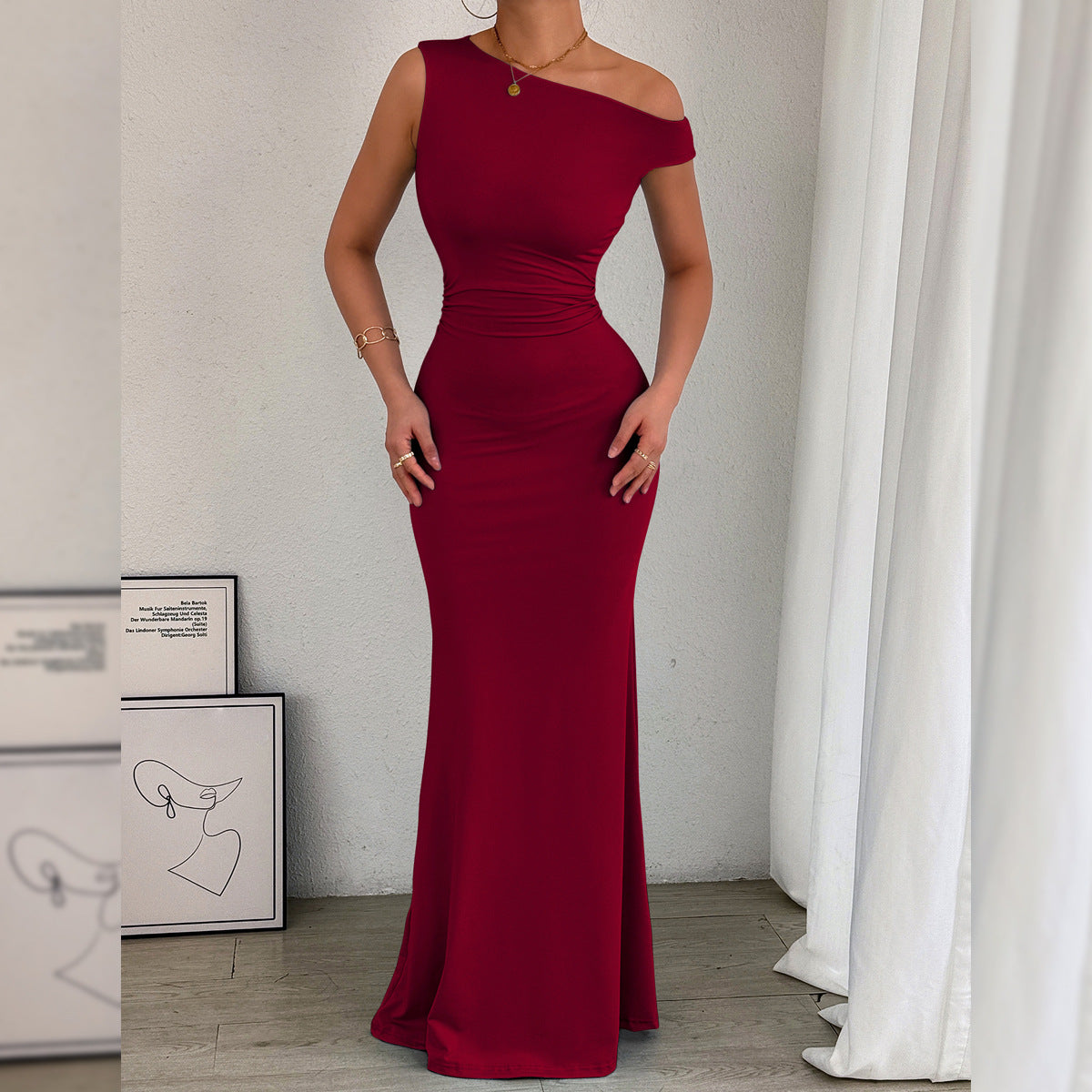 Slant Shoulder Collar Waist Pleated Sleeveless Sexy Dress