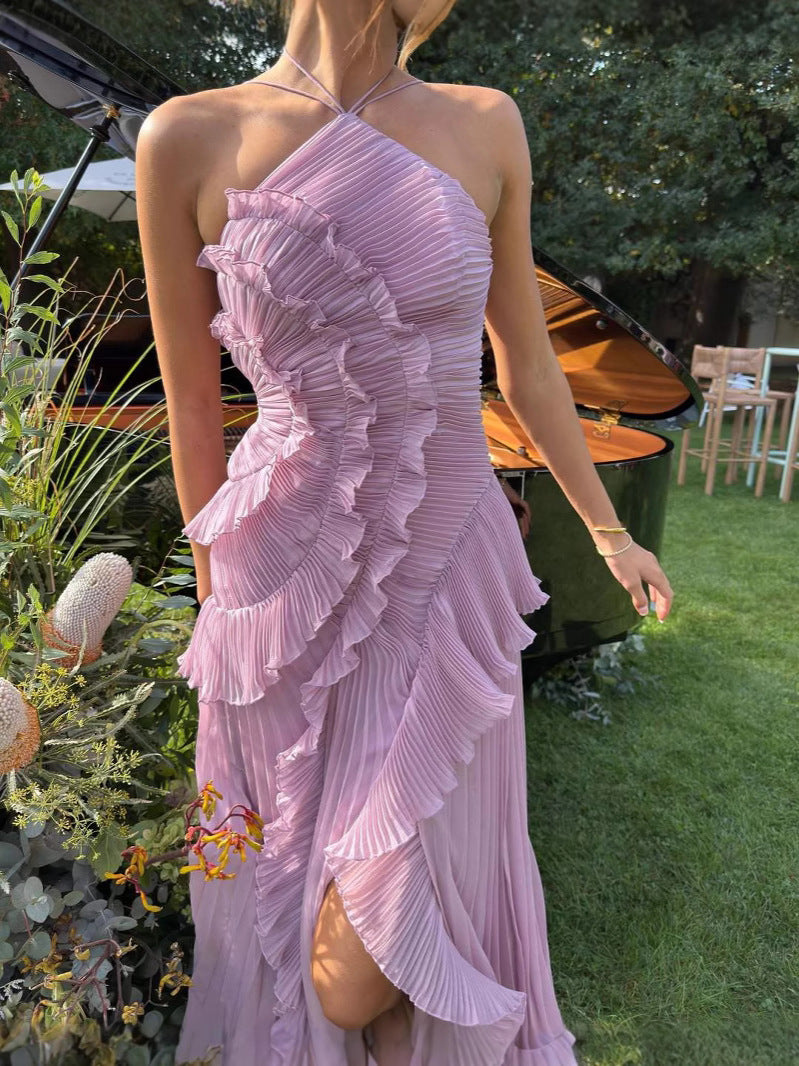 Lavender Pleated Maxi Dress with Ruffle Detail for Women - Gelsomina