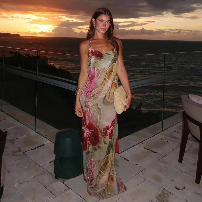 Green Floral Maxi Dress with Side Slit for Women - Fatima