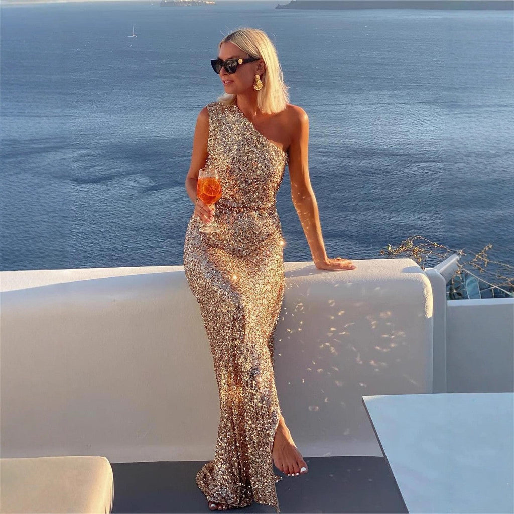 Women's One Shoulder Maxi Dress with Slit | Formal Evening Gown