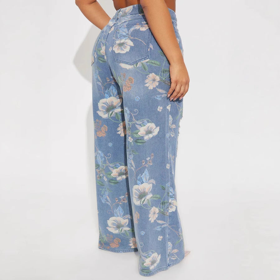 Irregular Asymmetric Pattern Print Ripped Jeans for Women
