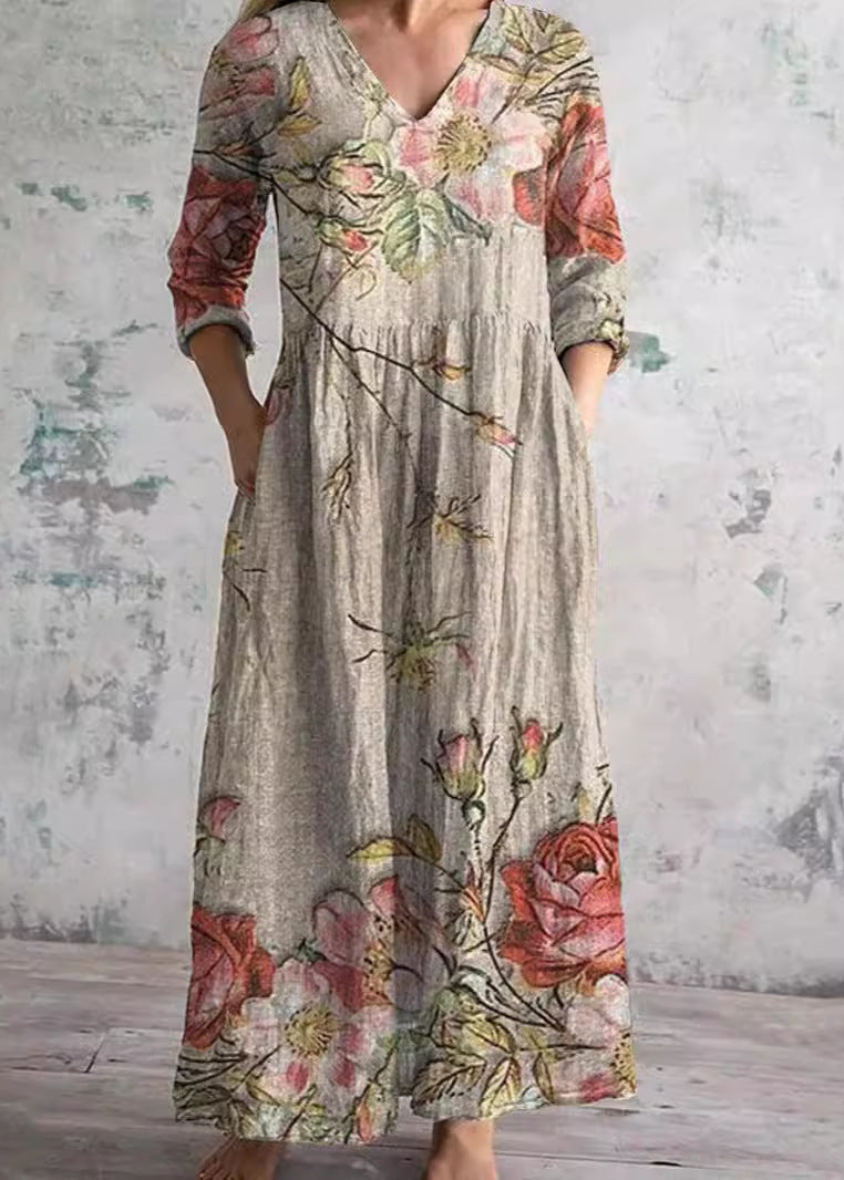 Women's V-Neck Boho Long Sleeve Dress | with Pockets