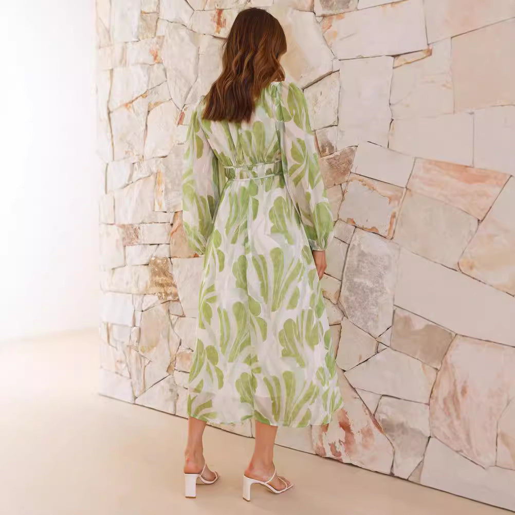 Chiffon Printed Long Sleeve Long V neck Tulle Floral Long Sleeve Dress