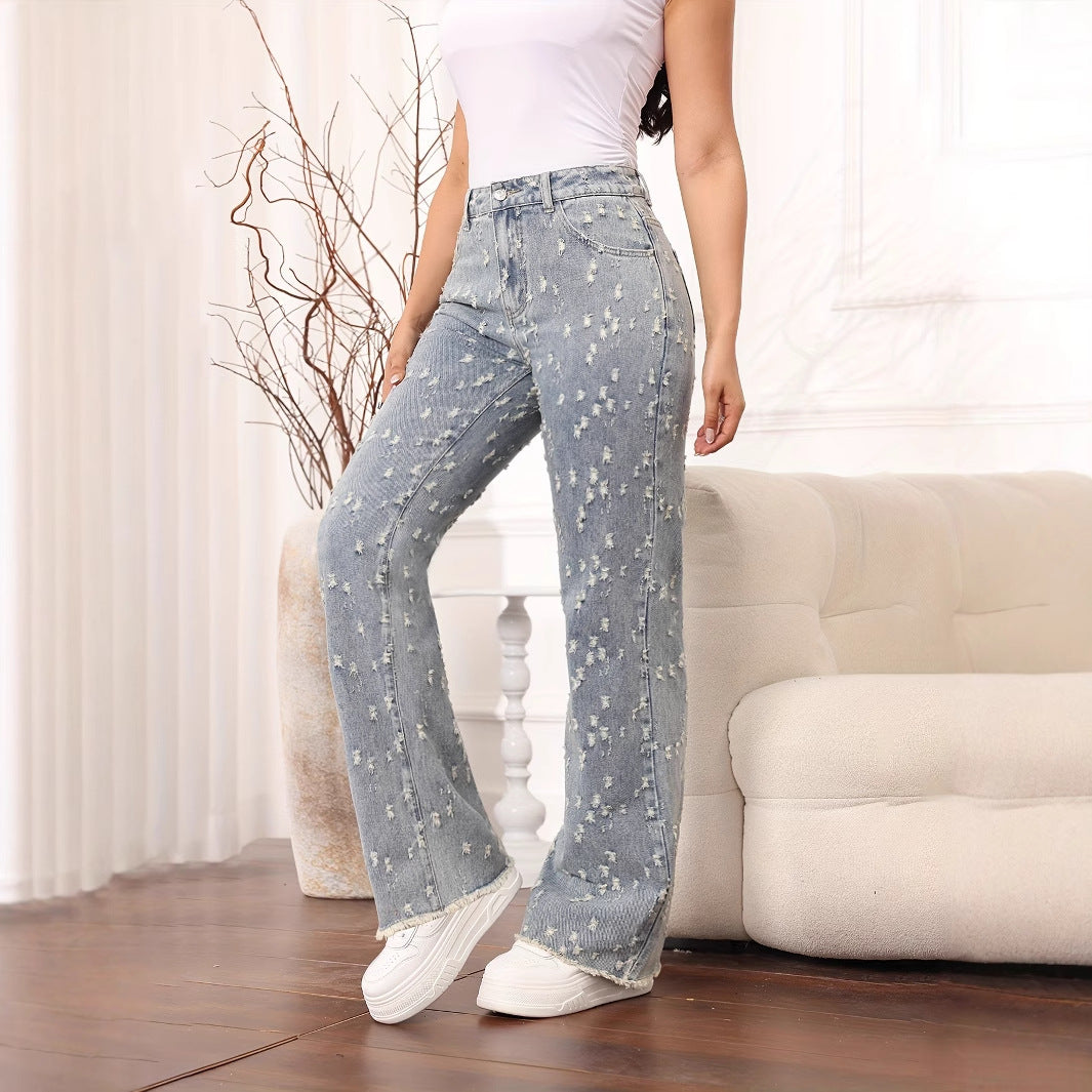 High Waist Elastic Waist Ripped Retro Baggy Straight Trousers