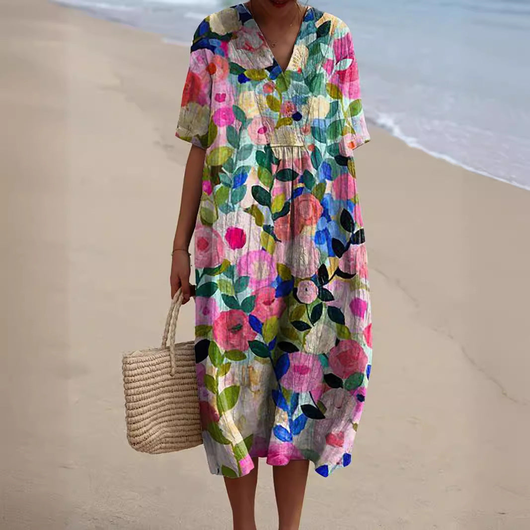 Floral Print V-Neck Midi Dress for Women | Summer Style