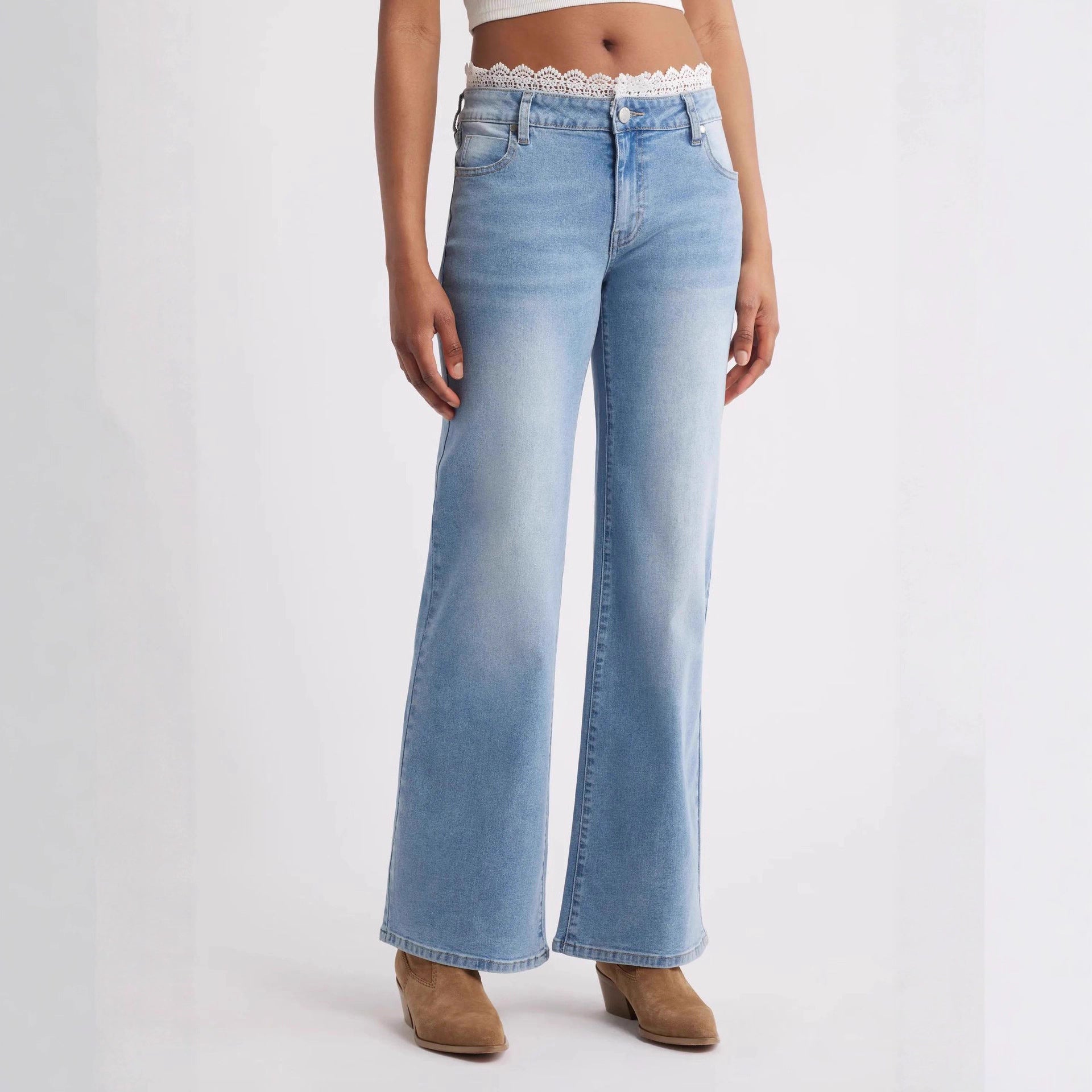 Lace Washed Natural Waist Elastic Slim Fit Slimming Fengqi Jeans