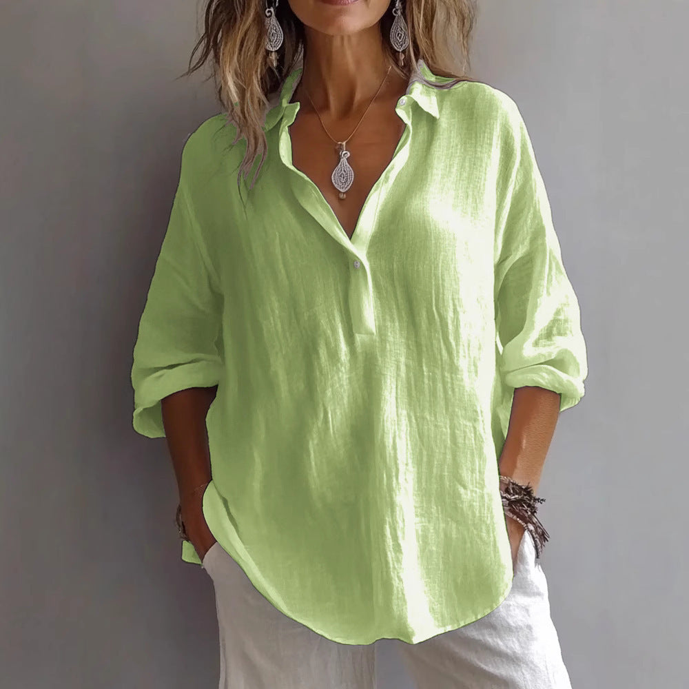 Women's Casual Loose Fit V-Neck Blouse | Long Sleeve