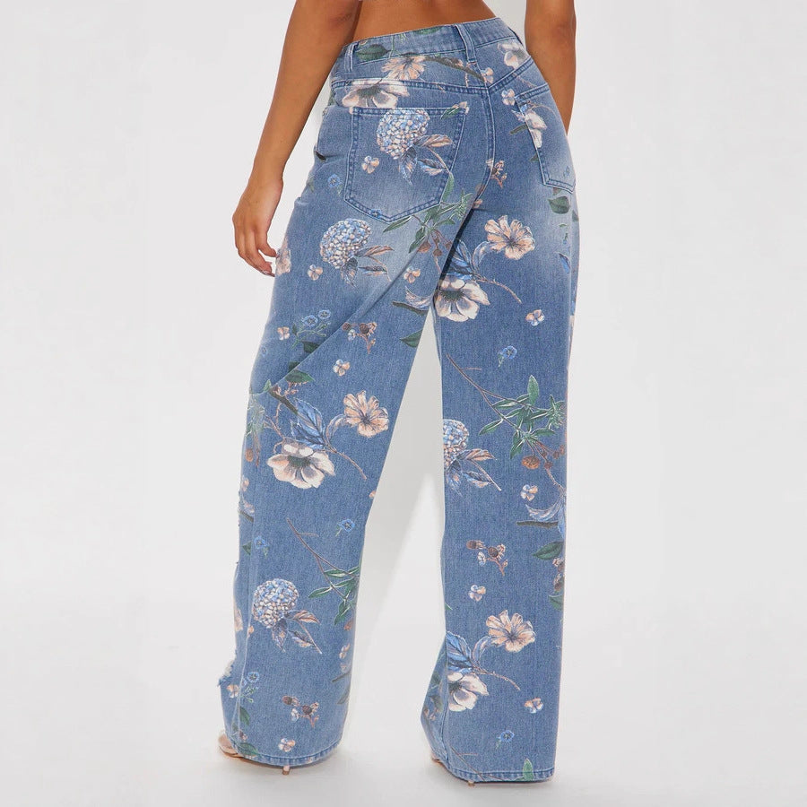 Irregular Asymmetric Pattern Print Ripped Jeans for Women
