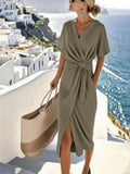 Women's Summer V-Neck Wrap Midi Dress | Short Sleeve