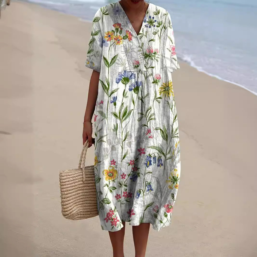 Floral Print V-Neck Midi Dress for Women | Summer Style