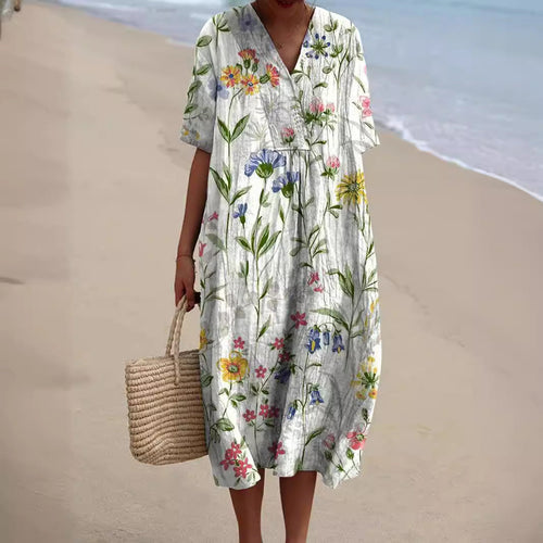Floral Print V-Neck Midi Dress for Women | Summer Style