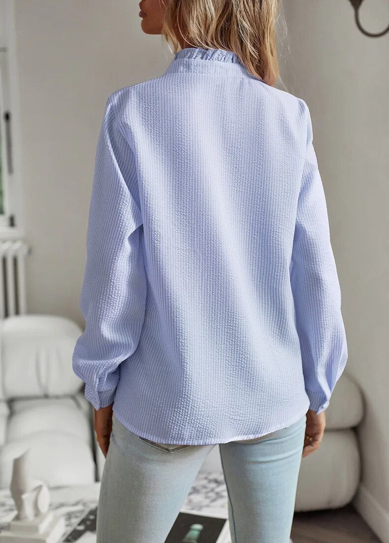 Ruffled Trim Button-Up Blouse for Women | Long Sleeve