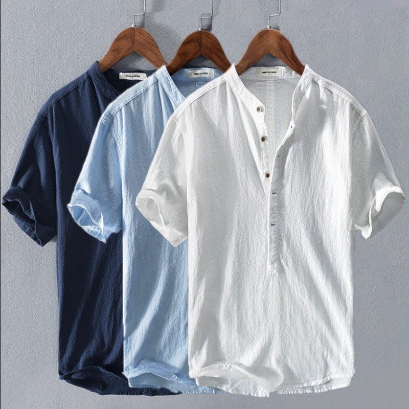 Men's Short Sleeve Linen Shirt with Mandarin Collar