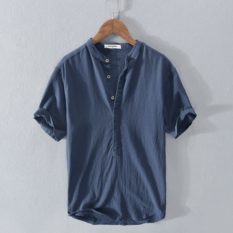 Men's Short Sleeve Linen Shirt with Mandarin Collar