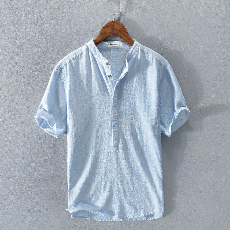 Men's Short Sleeve Linen Shirt with Mandarin Collar