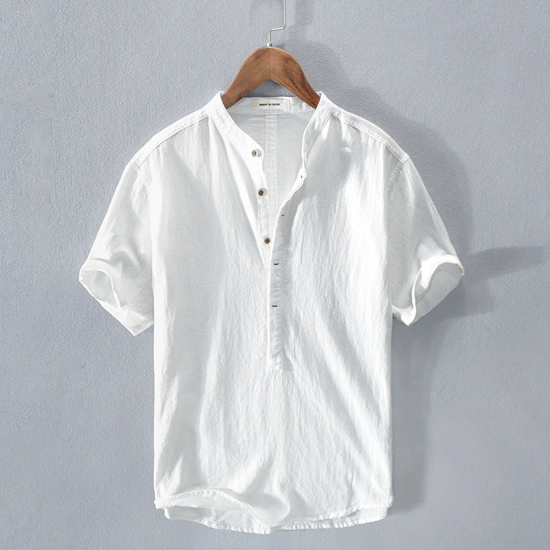Men's Short Sleeve Linen Shirt with Mandarin Collar