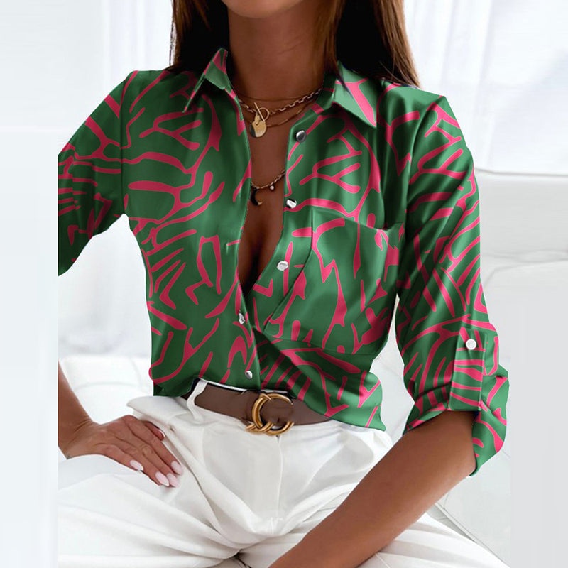Women's Casual Collared Printed Blouse | Long Sleeve