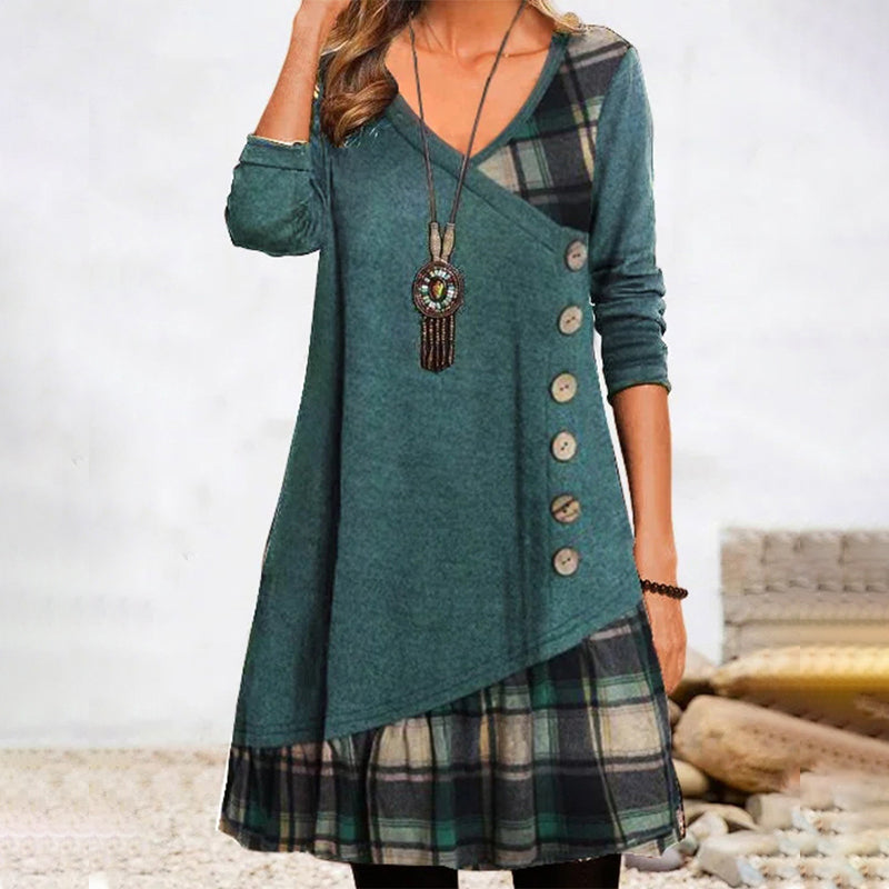 Checkered Long Sleeve Midi Dress for Women