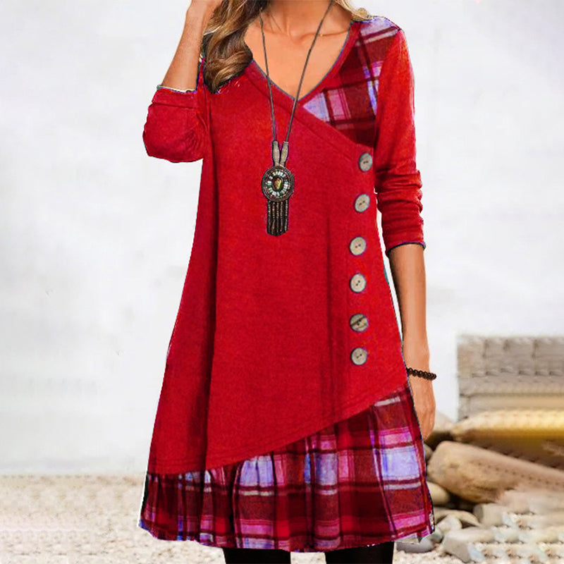 Checkered Long Sleeve Midi Dress for Women
