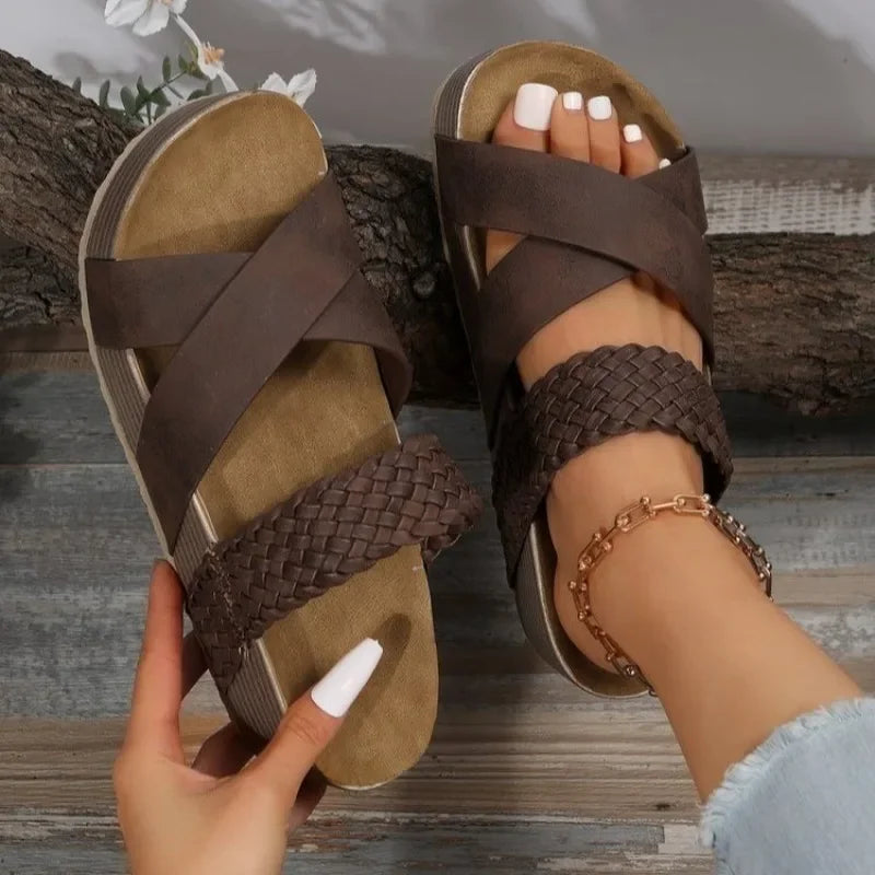 Women's Braided Cross-Strap Platform Slippers | Open-Toe Wedge