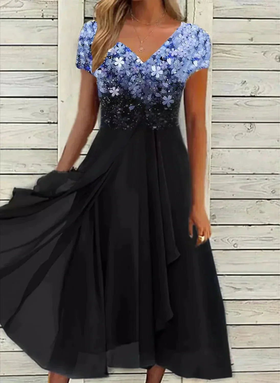 V-Neck Evening Dress for Women | Short Sleeve Style