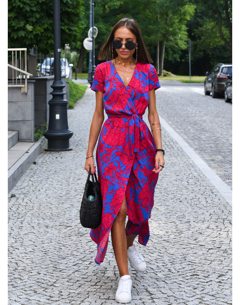 Women's V-Neck Short Sleeve Midi Wrap Dress