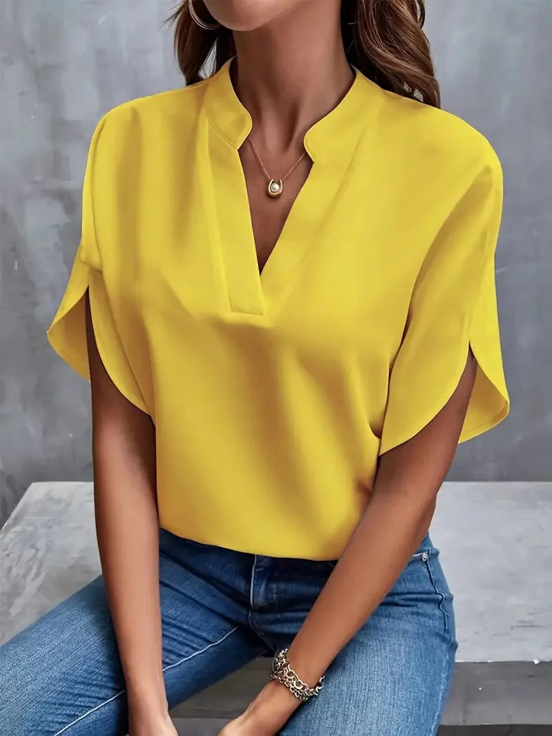 Loose Fit Women's V-Neck Short Sleeve Blouse