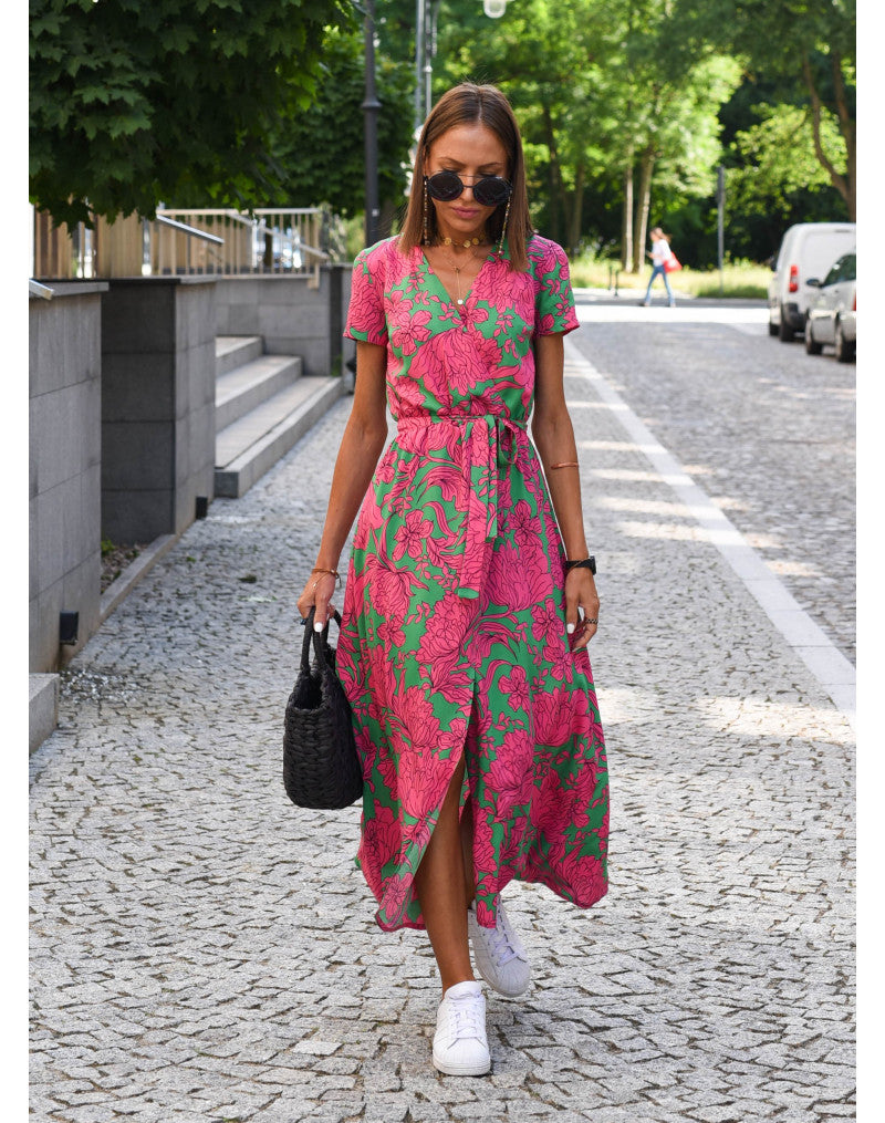 Women's V-Neck Short Sleeve Midi Wrap Dress