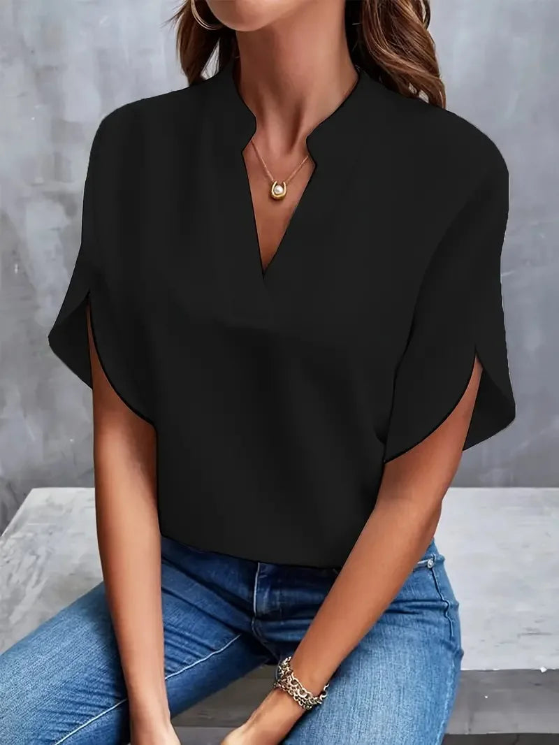 Loose Fit Women's V-Neck Short Sleeve Blouse