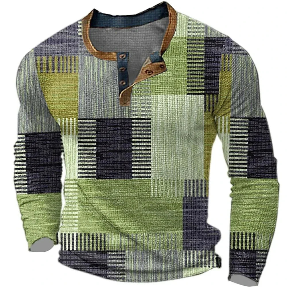 Men's Geometric Patchwork Print Henley Shirt | Long Sleeve