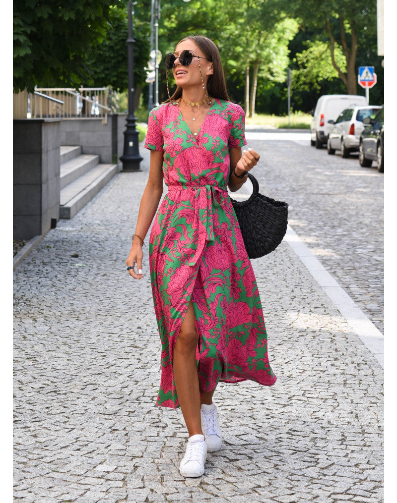 Women's V-Neck Short Sleeve Midi Wrap Dress