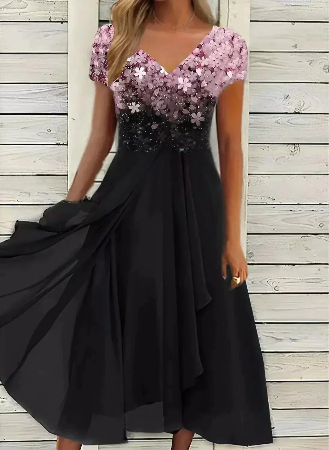 V-Neck Evening Dress for Women | Short Sleeve Style