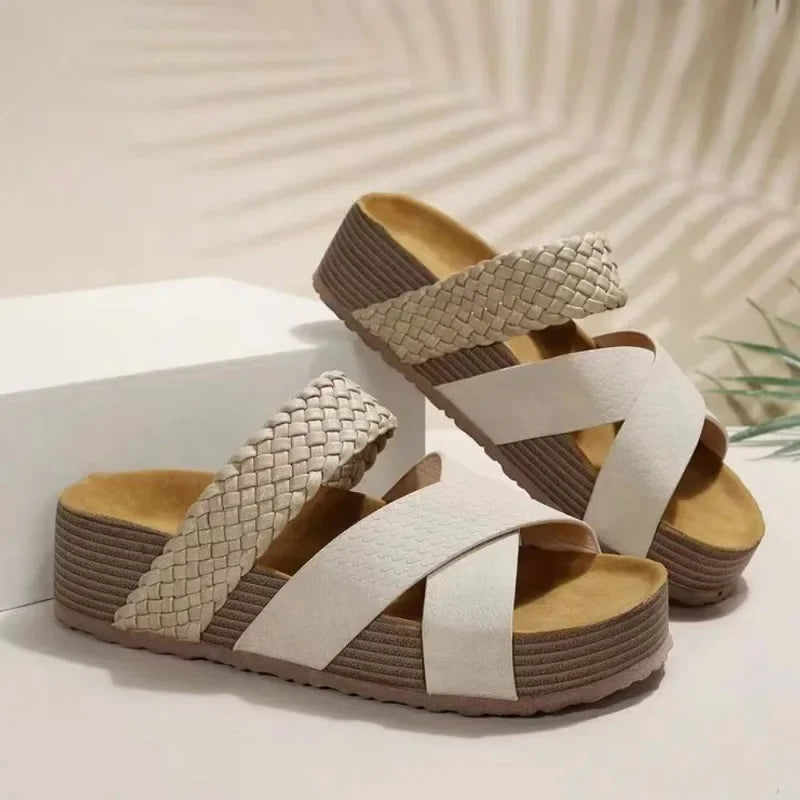 Women's Braided Cross-Strap Platform Slippers | Open-Toe Wedge