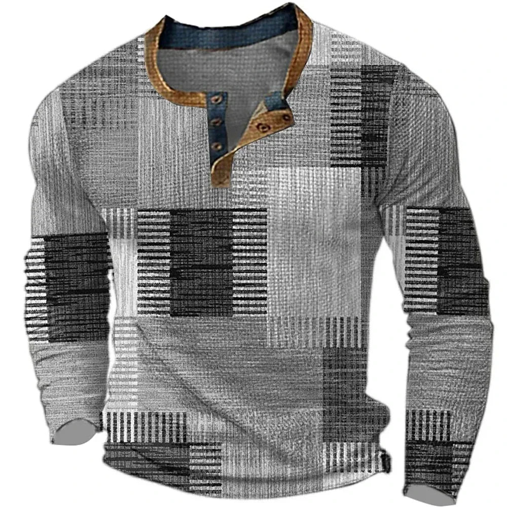Men's Geometric Patchwork Print Henley Shirt | Long Sleeve