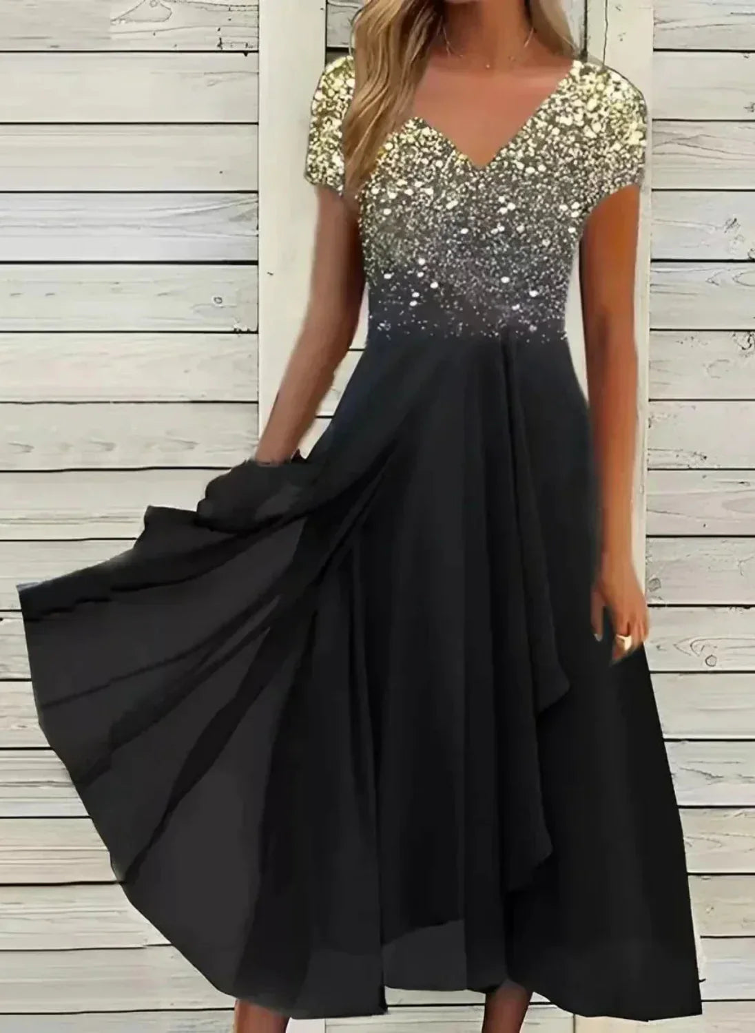 V-Neck Evening Dress for Women | Short Sleeve Style