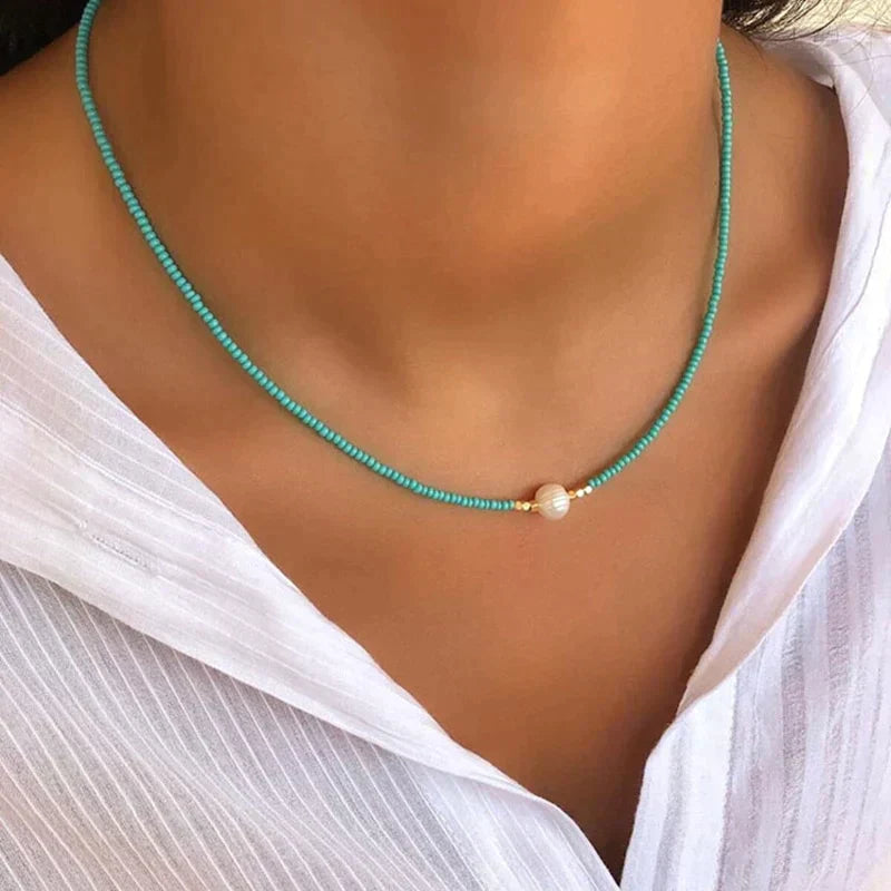 Minimalist Bead Necklace with Centered Pearl Pendant | Gift for Her