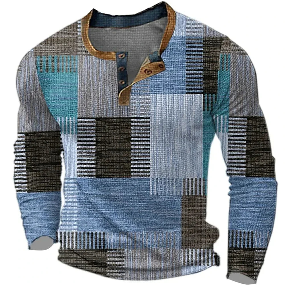 Men's Geometric Patchwork Print Henley Shirt | Long Sleeve