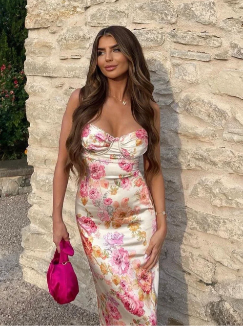 Cream Floral Satin Maxi Dress with Spaghetti Straps for Women - Vera