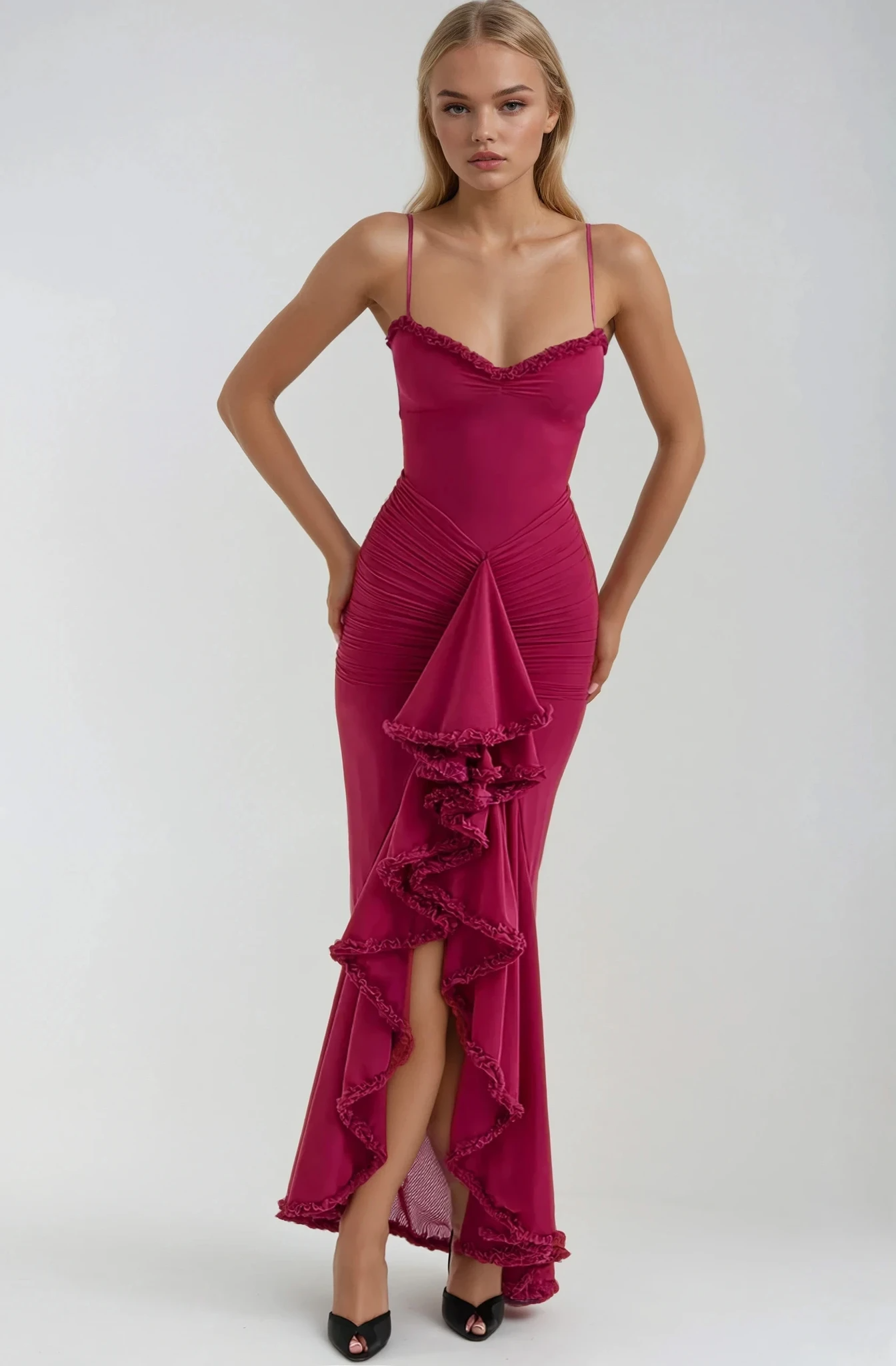 Ruffle Mesh Maxi Dress with Spaghetti Straps for Women - Anna
