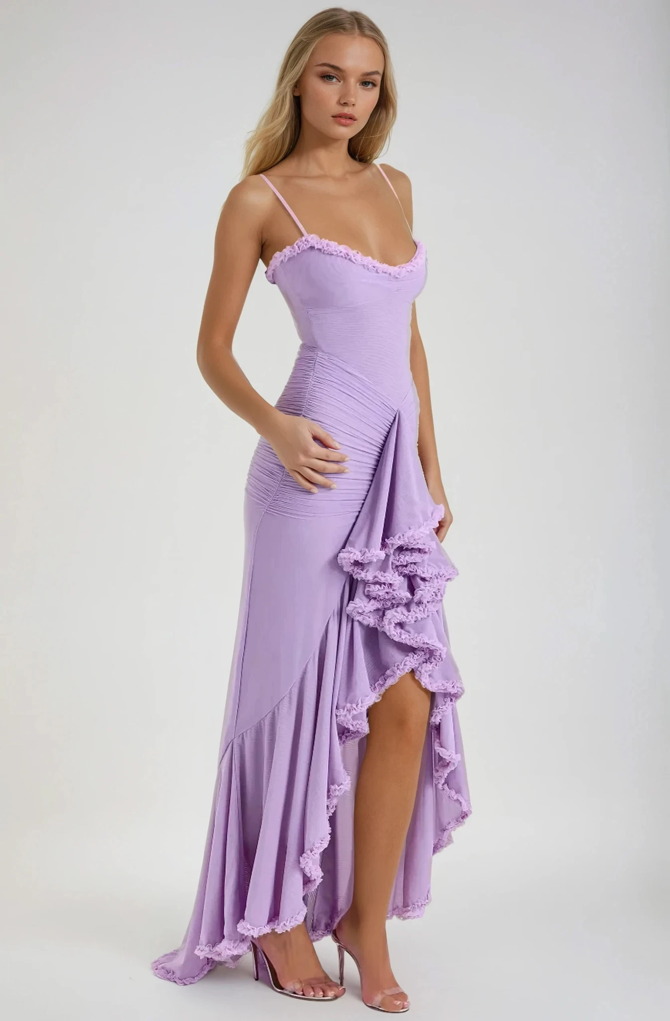 Ruffle Mesh Maxi Dress with Spaghetti Straps for Women - Anna