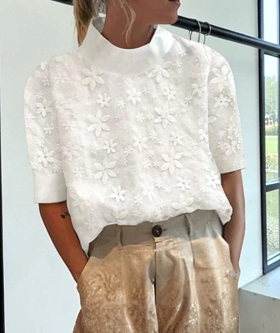 Floral Print Short Sleeve Top for Women | Featuring Stand Collar