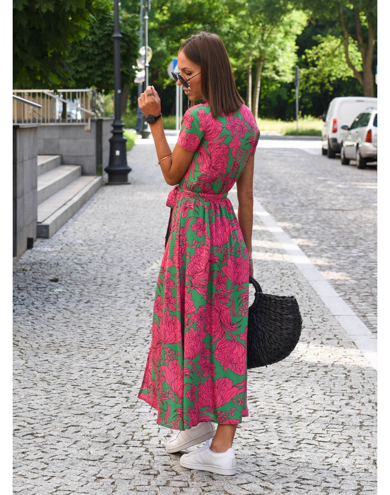Women's V-Neck Short Sleeve Midi Wrap Dress