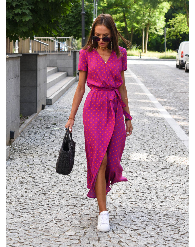 Women's V-Neck Short Sleeve Midi Wrap Dress