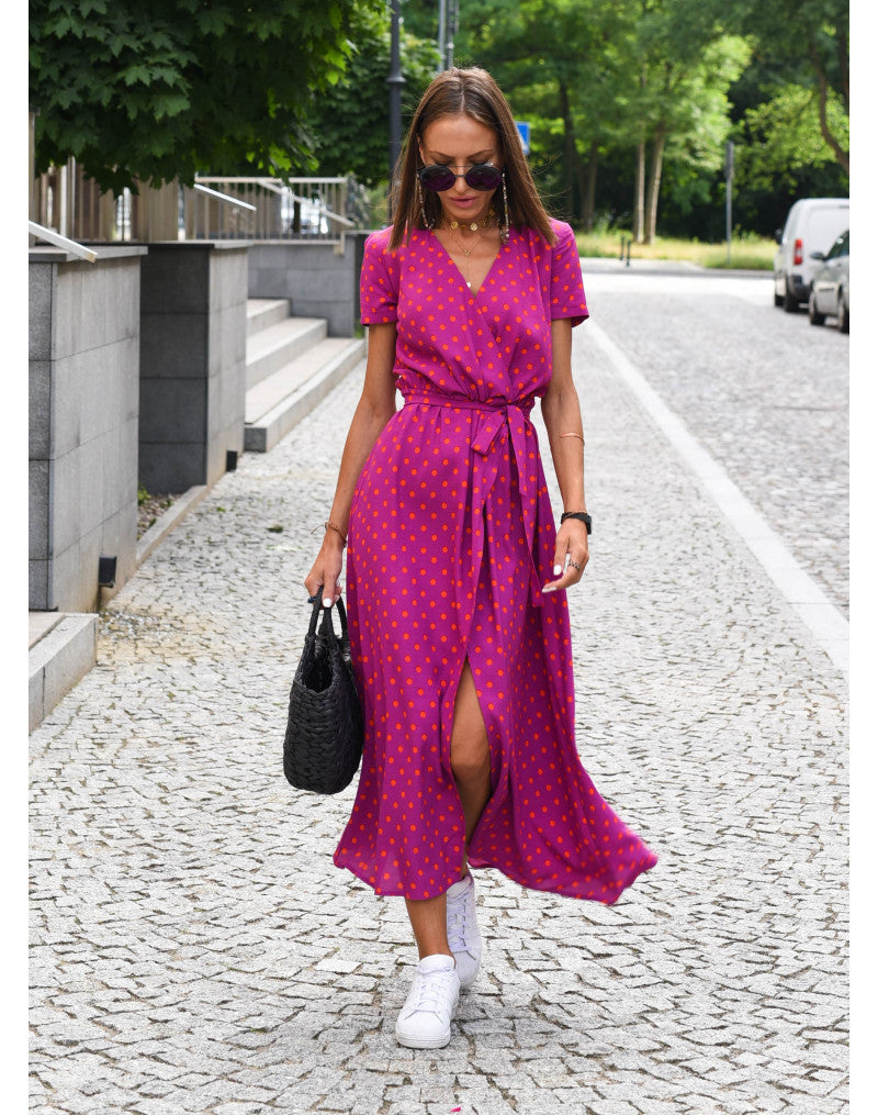 Women's V-Neck Short Sleeve Midi Wrap Dress