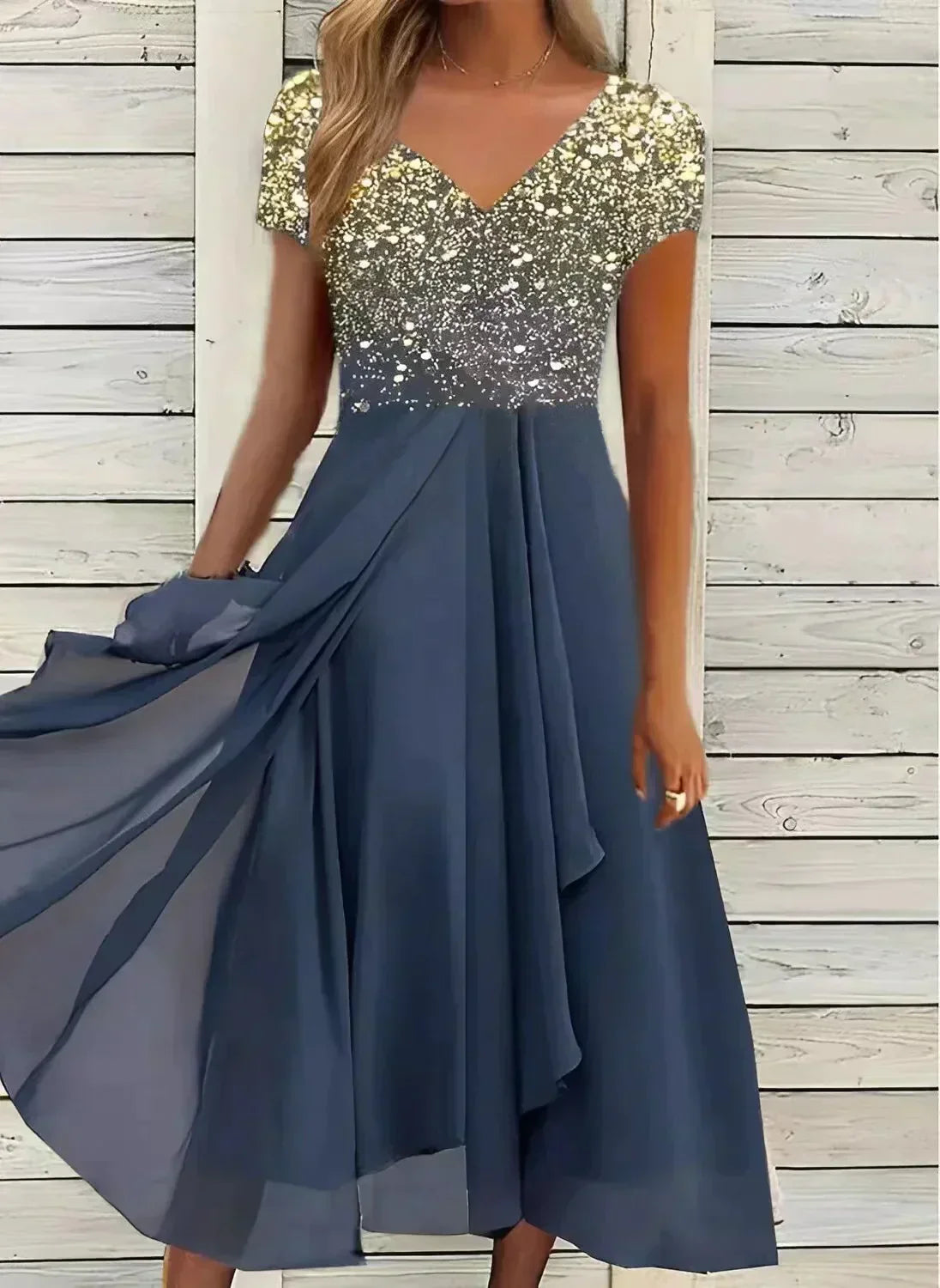V-Neck Evening Dress for Women | Short Sleeve Style