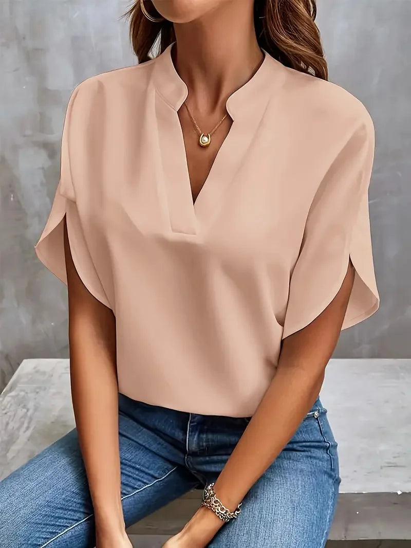 Loose Fit Women's V-Neck Short Sleeve Blouse
