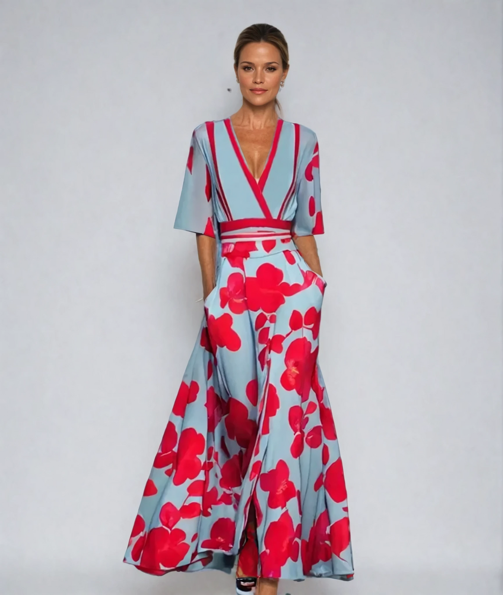 Women's V-Neck Floral Print Wrap Maxi Dress