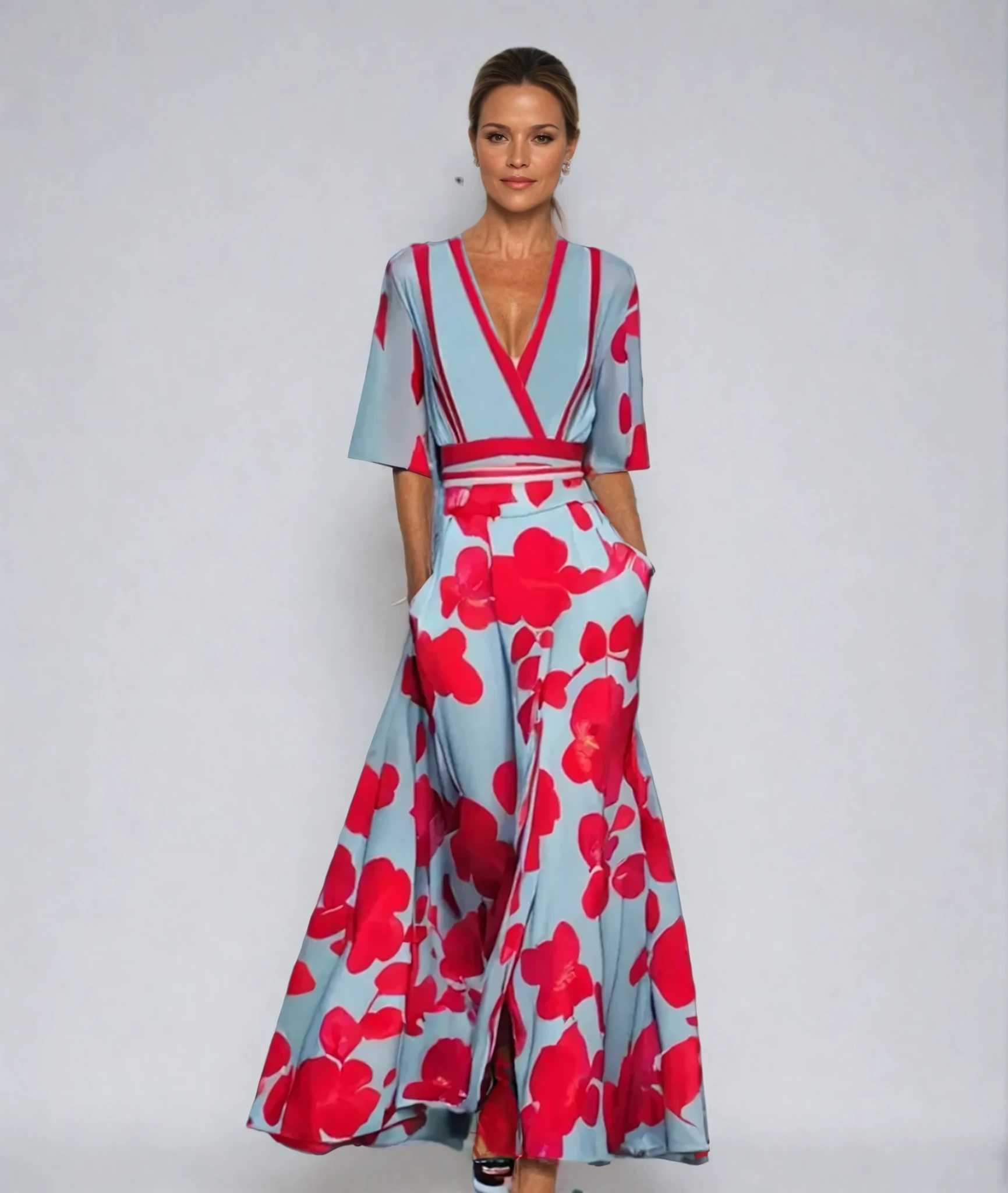 Women's V-Neck Floral Print Wrap Maxi Dress